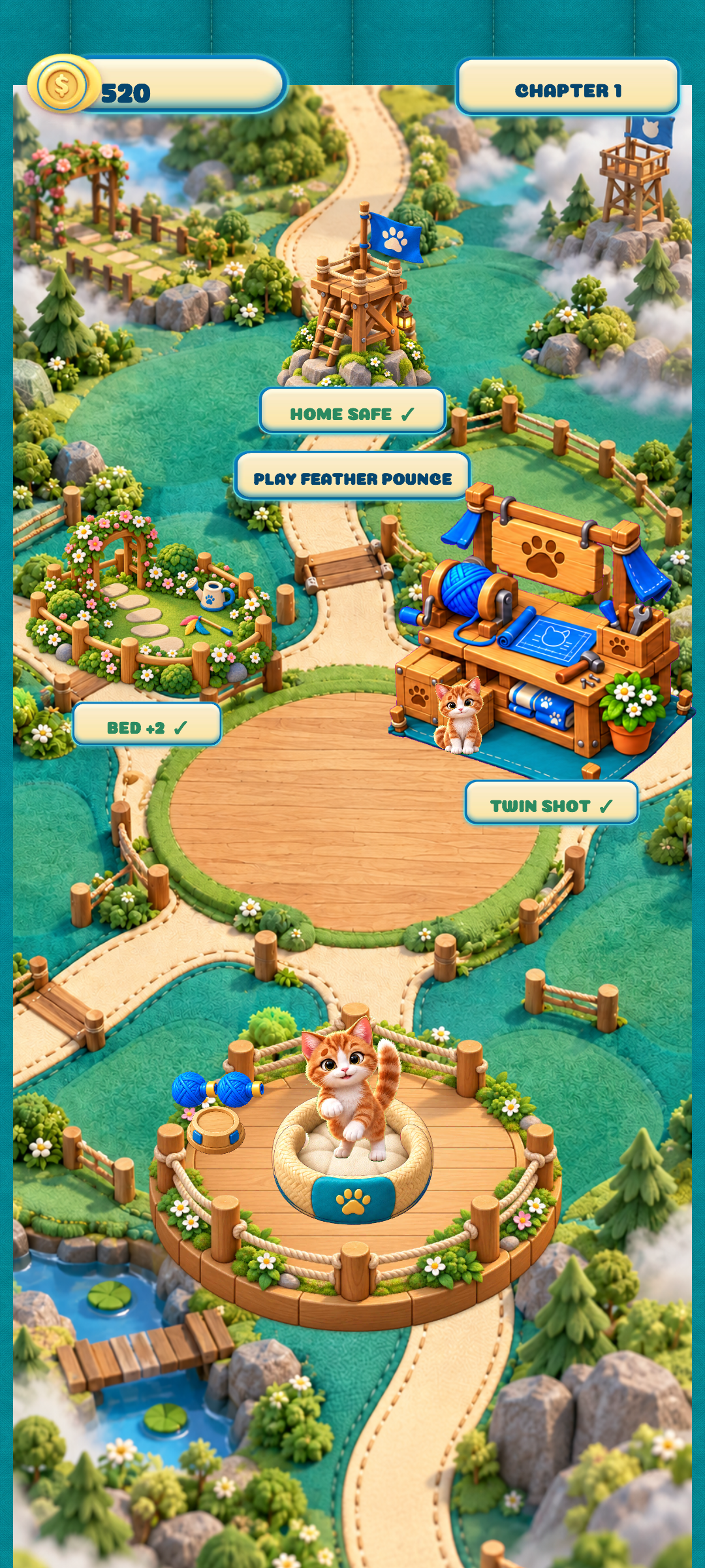 The Loudsoup Cat Match home showing the restored bed, workshop, lookout, kitten, and Feather Pounce activity.